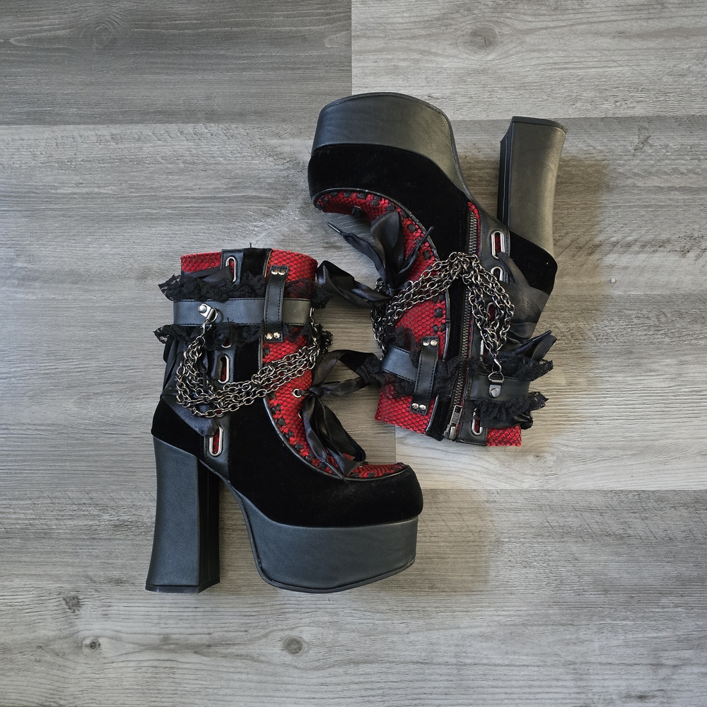 Demonia Black and Red Heeled Boots with Chains